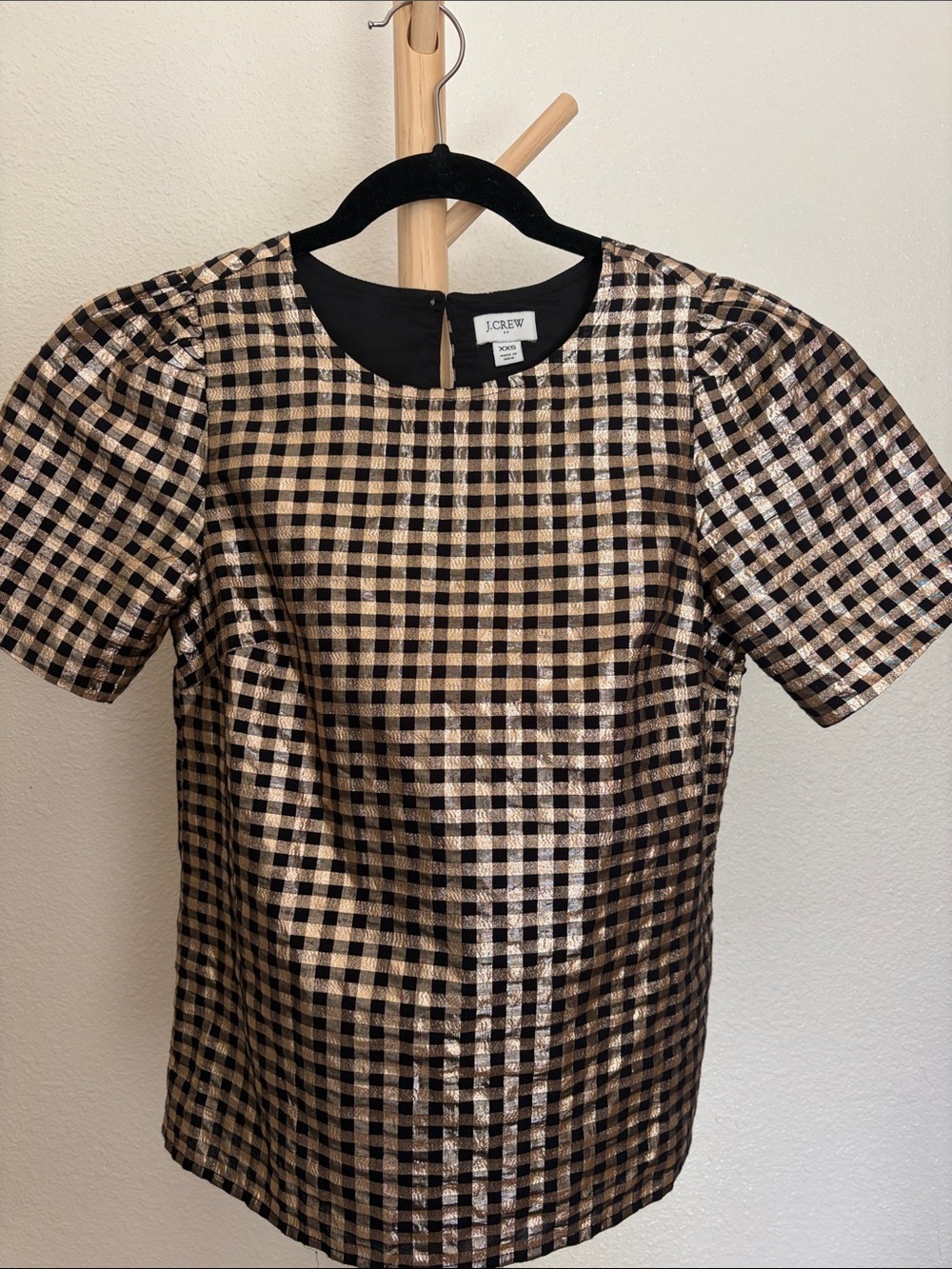 J. Crew Black and Gold Gingham Puff-Sleeve Top